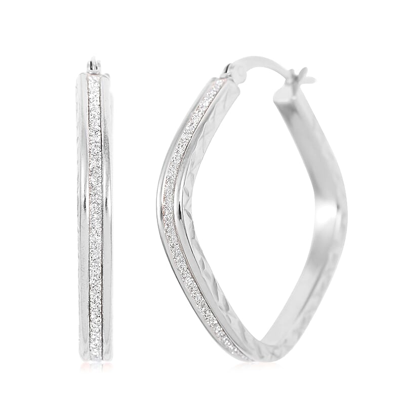 Sterling Silver Sparkle Squared Hoop Earrings 3.10 Grams