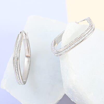 Sterling Silver Sparkle Squared Hoop Earrings 3.10 Grams