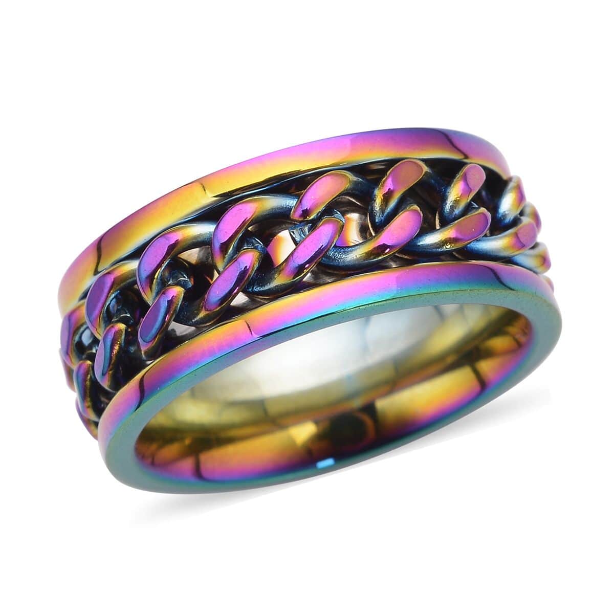 Cuban Chain Spinner Ring in ION Plated Rainbow Stainless Steel image number 0