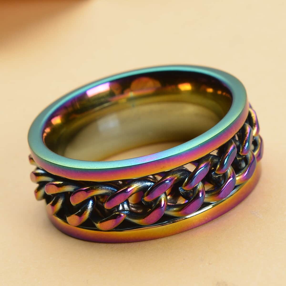 Cuban Chain Spinner Ring in ION Plated Rainbow Stainless Steel image number 1