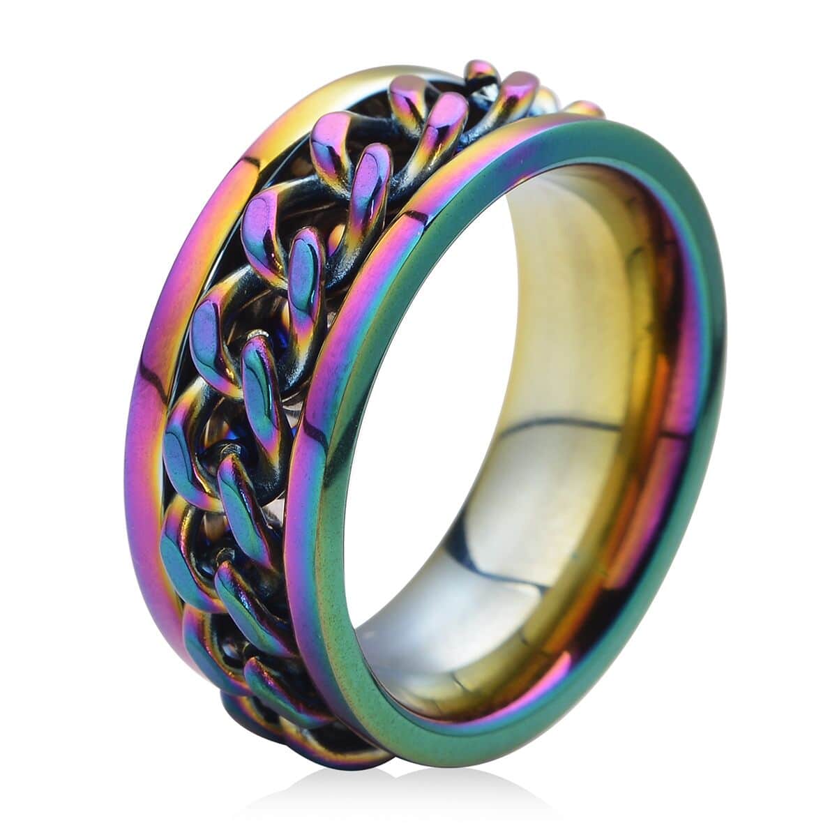 Cuban Chain Spinner Ring in ION Plated Rainbow Stainless Steel image number 3