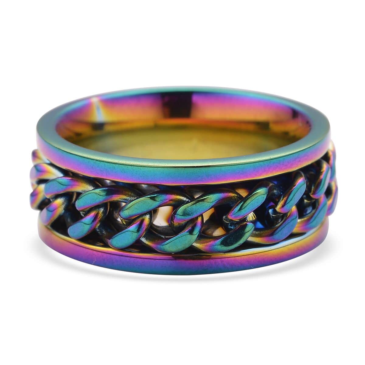 Cuban Chain Spinner Ring in ION Plated Rainbow Stainless Steel image number 4