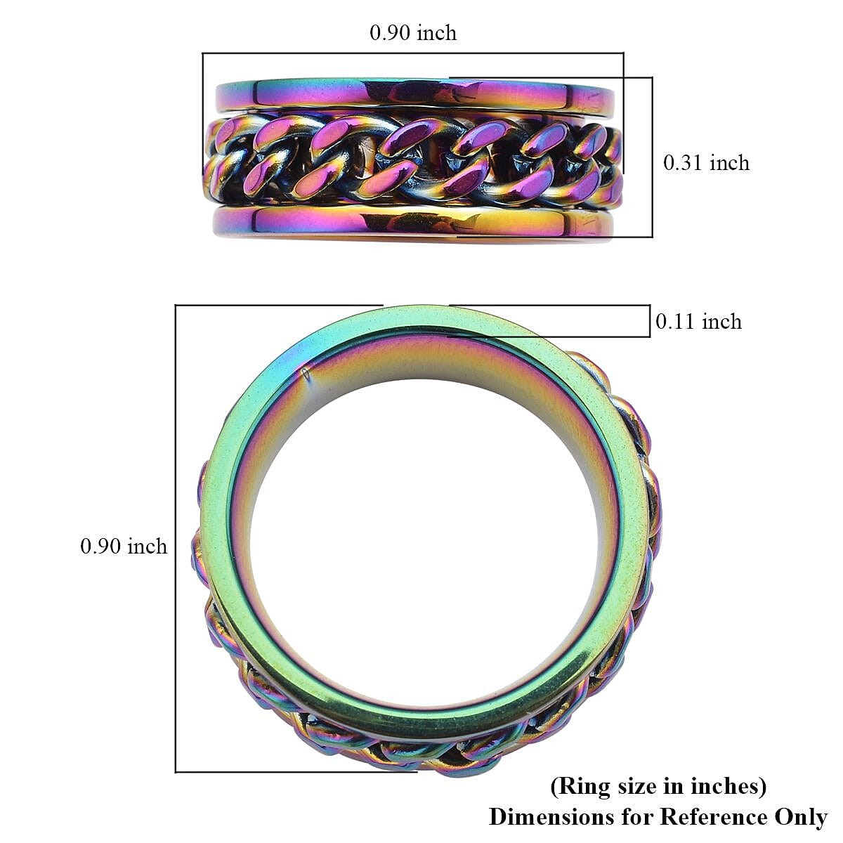 Cuban Chain Spinner Ring in ION Plated Rainbow Stainless Steel (Size 10.0)