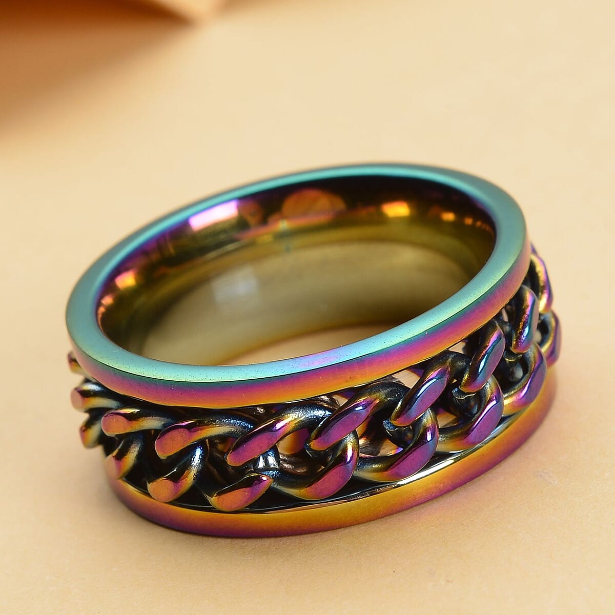 Cuban Chain Spinner Ring in ION Plated Rainbow Stainless Steel (Size 7.0) image number 1