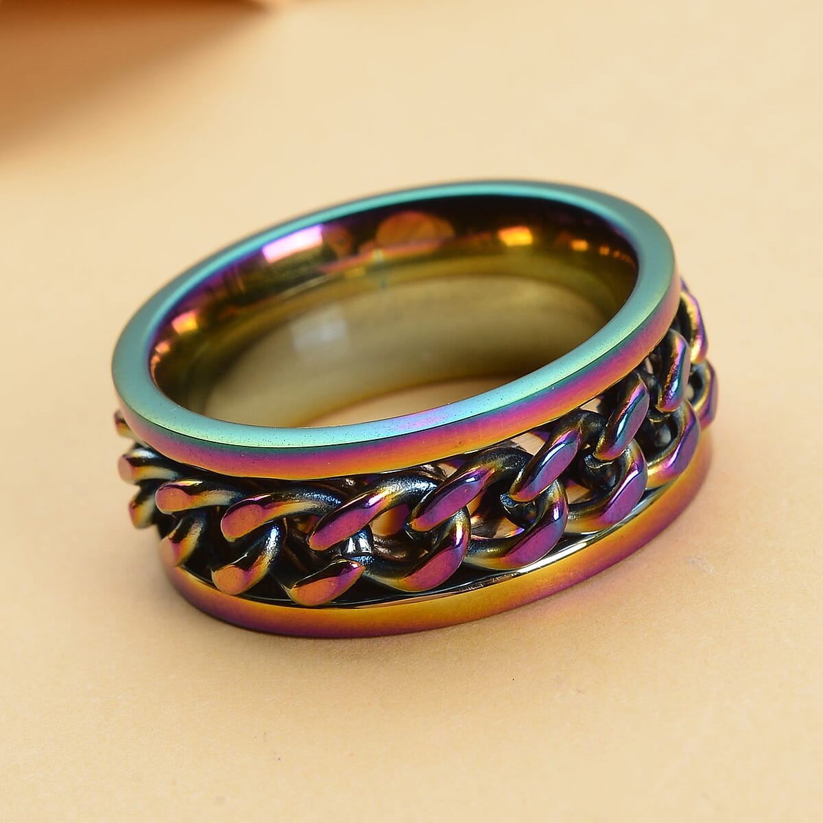 Cuban Chain Spinner Ring in ION Plated Rainbow Stainless Steel (Size 8.0) image number 1