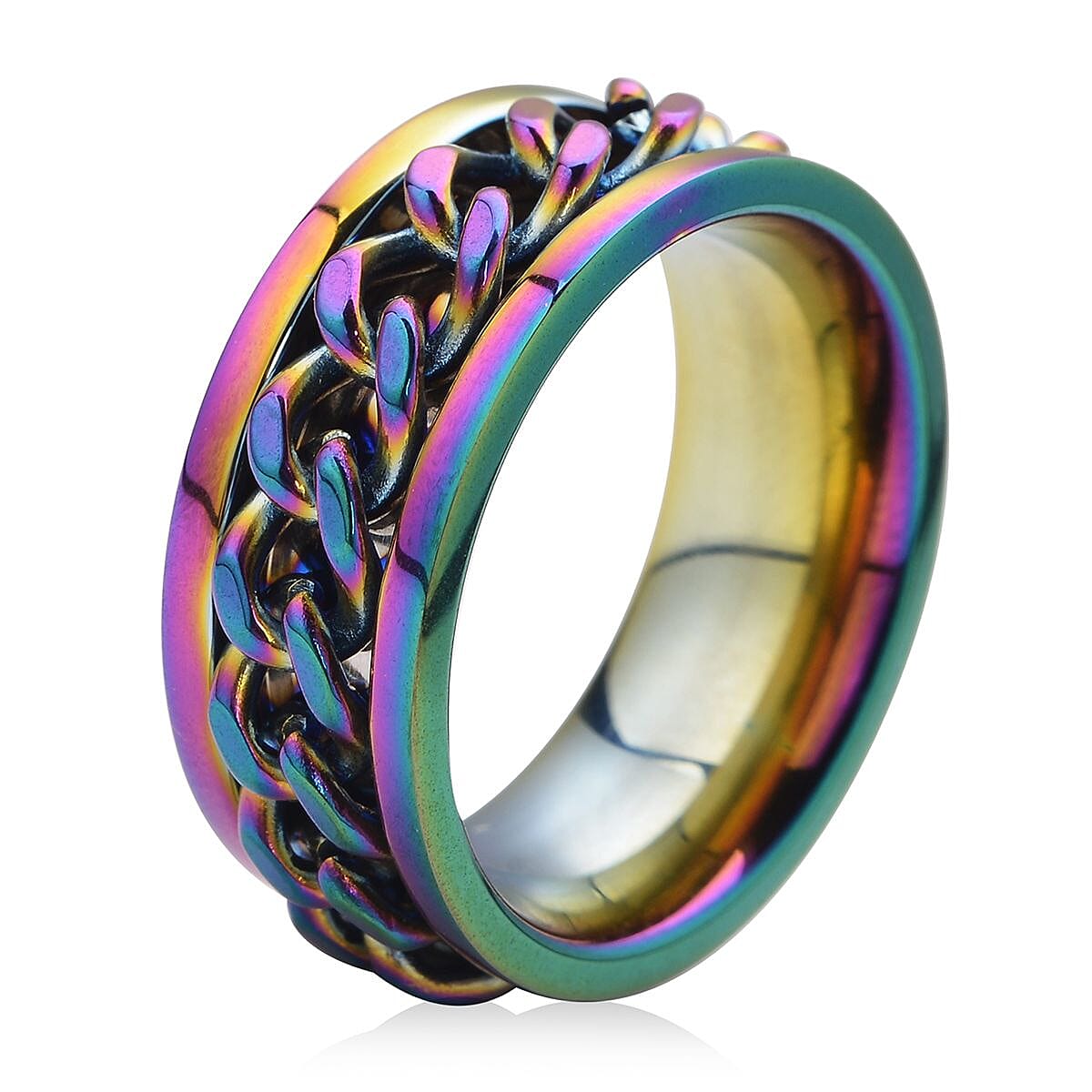 Cuban Chain Spinner Ring in ION Plated Rainbow Stainless Steel (Size 8.0) image number 3