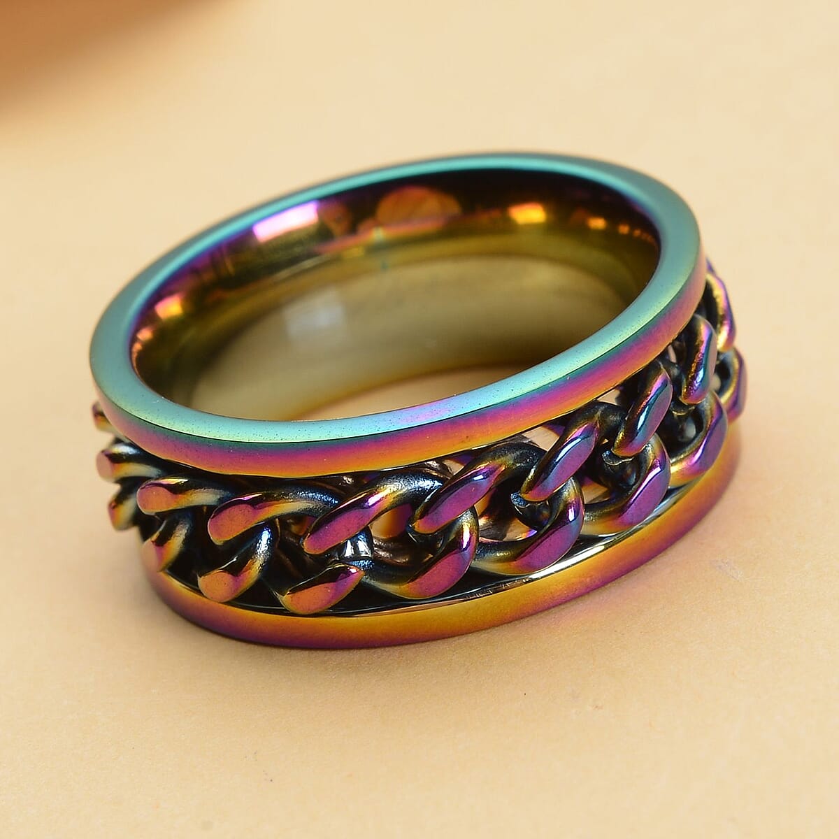 Cuban Chain Spinner Ring in ION Plated Rainbow Stainless Steel (Size 9.0) image number 1