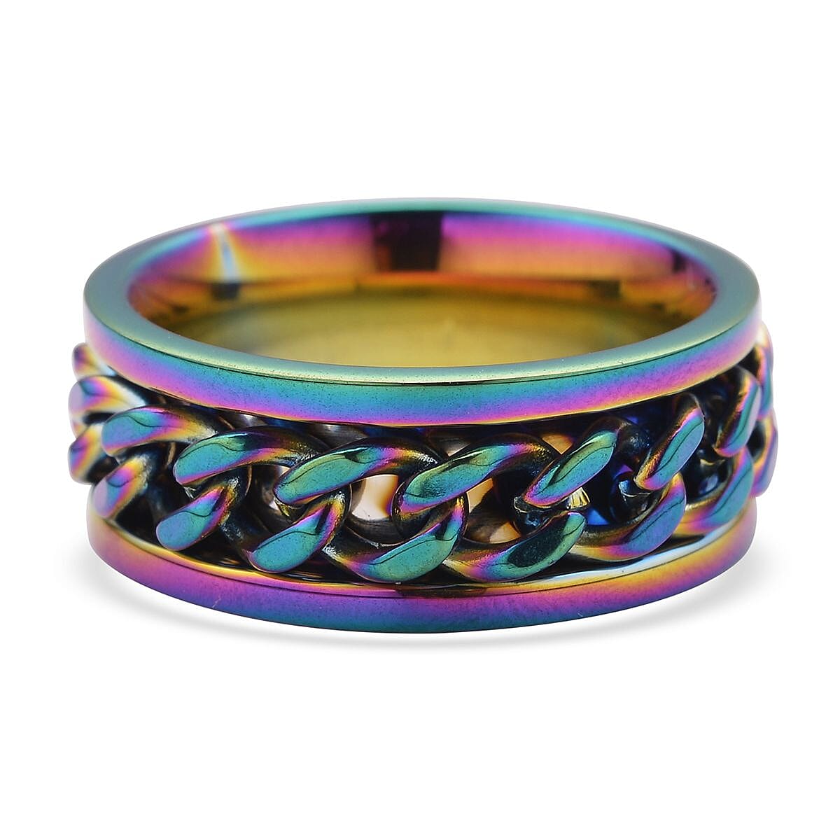 Cuban Chain Spinner Ring in ION Plated Rainbow Stainless Steel (Size 9.0) image number 4