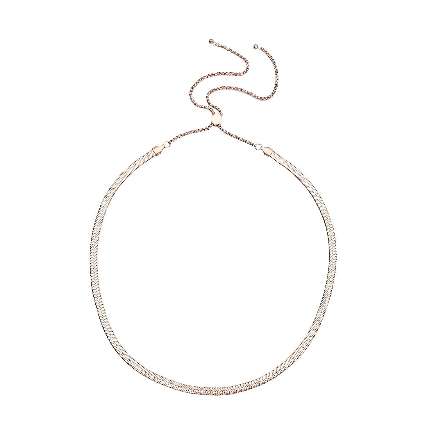 Herringbone Chain Necklace with Adjustable Ball 18-29 Inches in ION Plated RG Stainless Steel