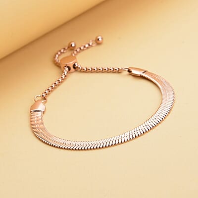 Herringbone Bracelet With Adjustable Ball in ION Plated RG Stainless Steel (6-9In) , Tarnish-Free, Waterproof, Sweat Proof Jewelry