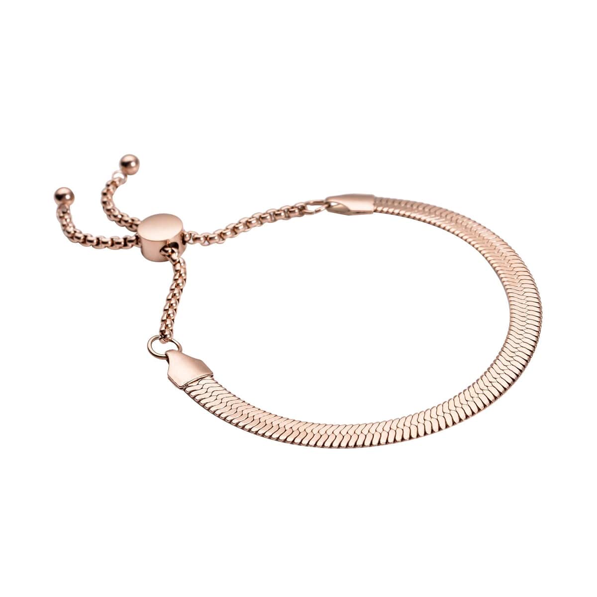 Herringbone Bracelet With Adjustable Ball in ION Plated Rose Gold Stainless Steel (6-9In) image number 2