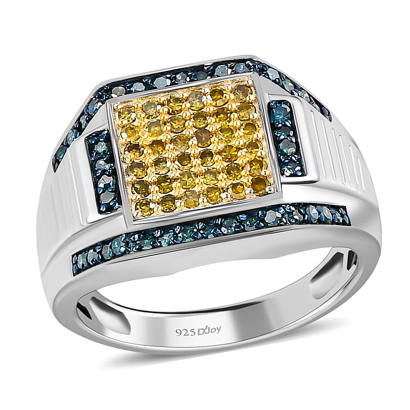 Yellow and Blue Diamond Men's Ring in Rhodium and Platinum Over Sterling Silver (Size 10.0) 7.30 Grams 1.00 ctw