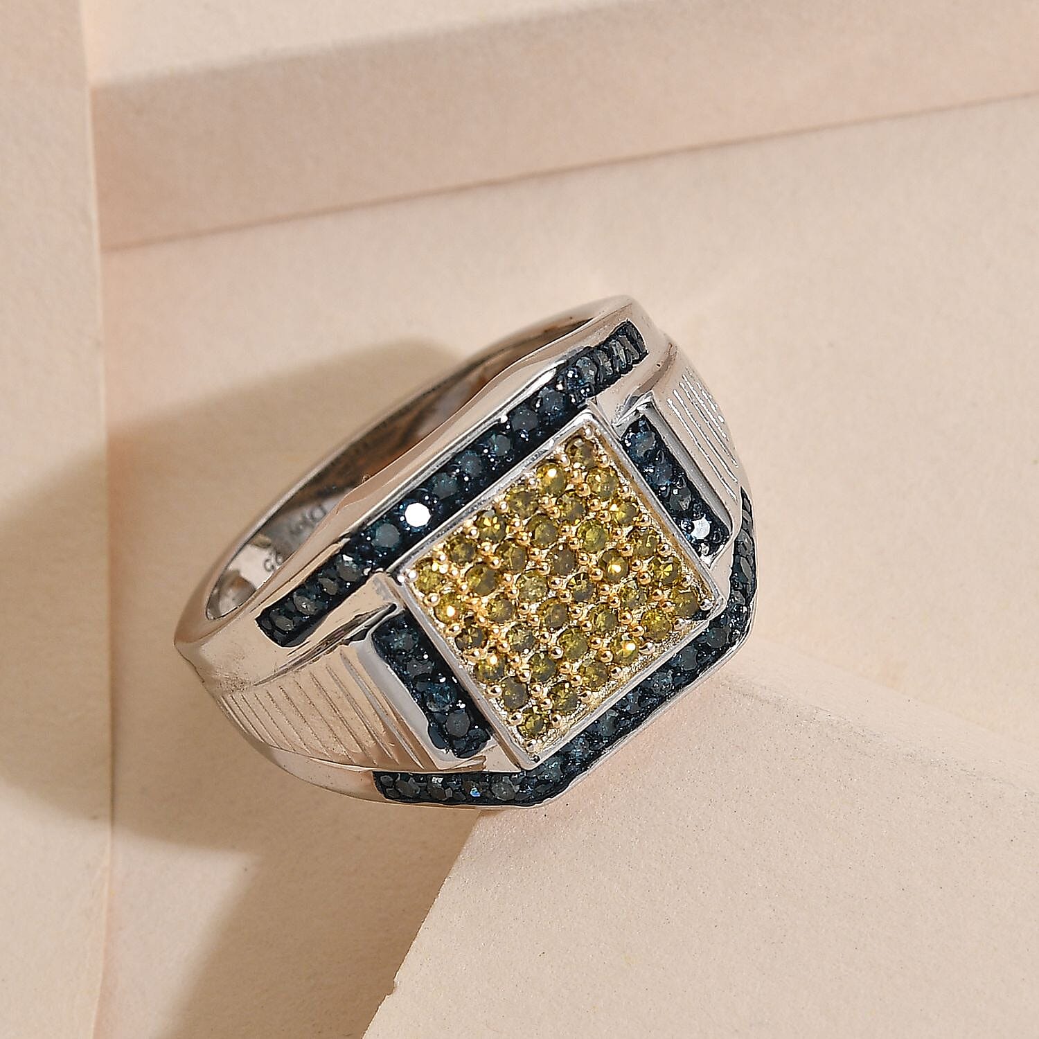 Yellow and Blue Diamond Men's Ring in Rhodium and Platinum Over Sterling Silver (Size 10.0) 7.30 Grams 1.00 ctw