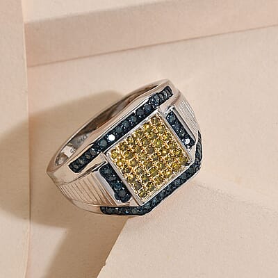 Yellow and Blue Diamond Men's Ring in Rhodium and Platinum Over Sterling Silver (Size 10.0) 7.30 Grams 1.00 ctw