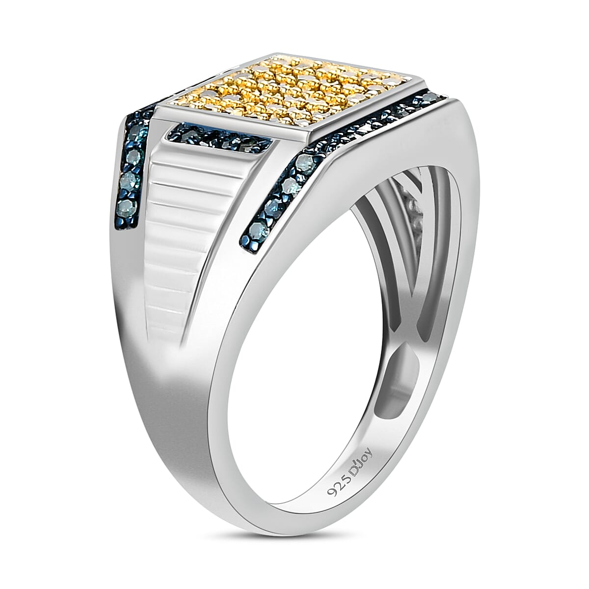 Yellow and Blue Diamond Men's Ring in Rhodium and Platinum Over Sterling Silver (Size 10.0) 7.30 Grams 1.00 ctw