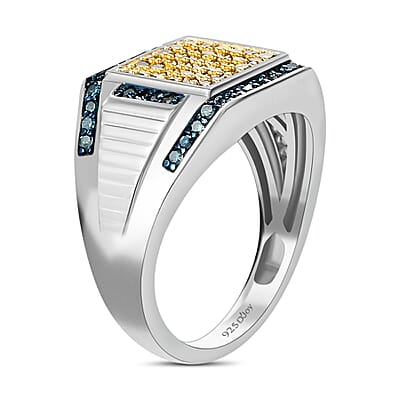 Yellow and Blue Diamond Men's Ring in Rhodium and Platinum Over Sterling Silver (Size 10.0) 7.30 Grams 1.00 ctw