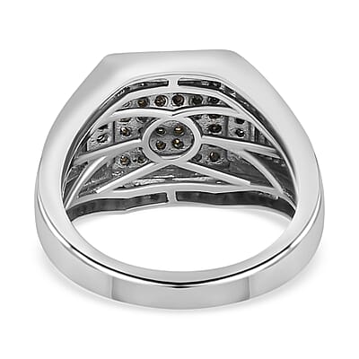 Yellow and Blue Diamond Men's Ring in Rhodium and Platinum Over Sterling Silver (Size 10.0) 7.30 Grams 1.00 ctw