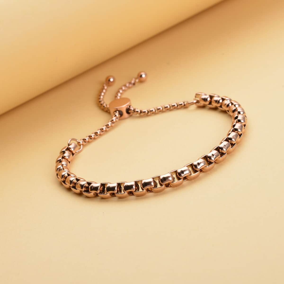 Shiny Box Link Bracelet with Adjustable Ball in ION Plated RG Stainless Steel image number 1