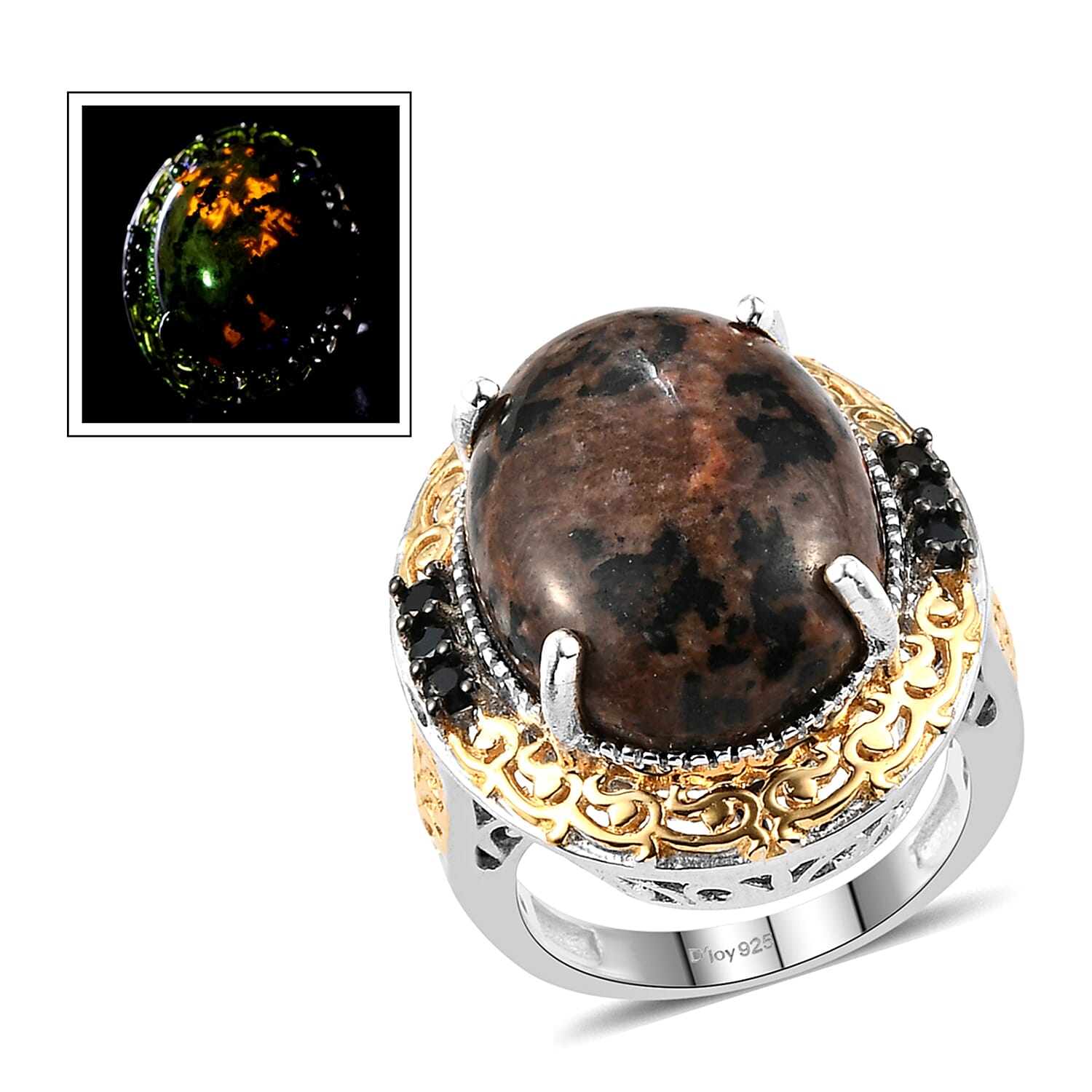 Yooperlite and Thai Black Spinel Ring in Vermeil Yellow Gold and Platinum Over Sterling Silver (Size 7.0) 17.90 ctw