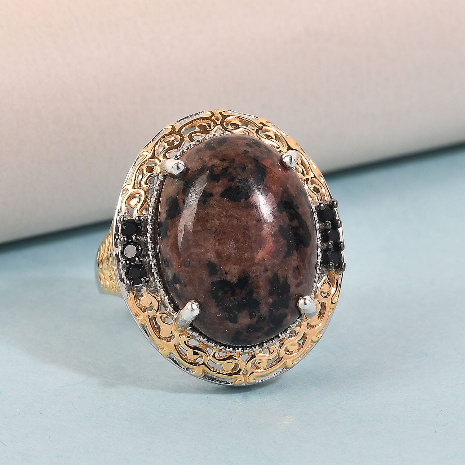 Yooperlite and Thai Black Spinel Ring in Vermeil Yellow Gold and Platinum Over Sterling Silver (Size 7.0) 17.90 ctw