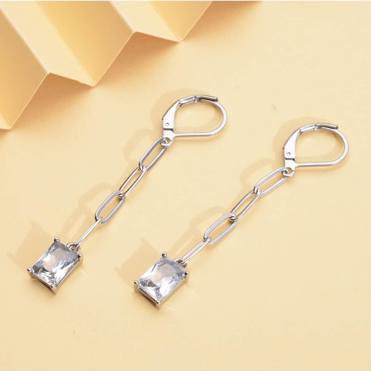 Simulated Diamond Paper Clip Chain Dangle Earrings in Stainless Steel , Tarnish-Free, Waterproof, Sweat Proof Jewelry image number 1