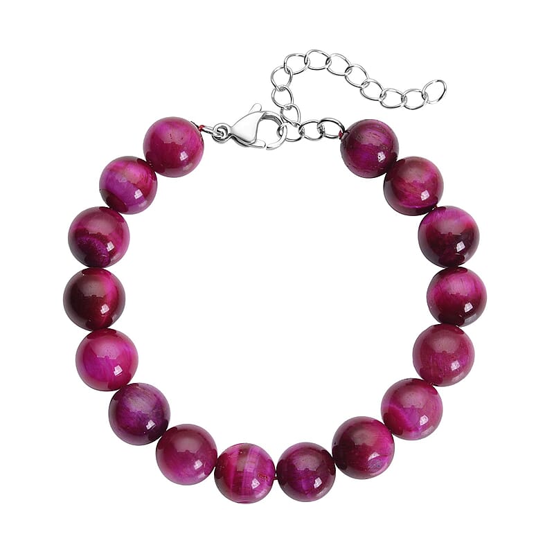 Fuchsia Tiger's Eye (D) Beaded Bracelet in Stainless Steel (7-9In) 120.00 ctw , Tarnish-Free, Waterproof, Sweat Proof Jewelry