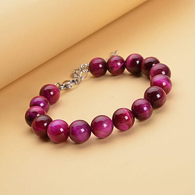 Fuchsia Tiger's Eye (D) Beaded Bracelet in Stainless Steel (7-9In) 120.00 ctw , Tarnish-Free, Waterproof, Sweat Proof Jewelry