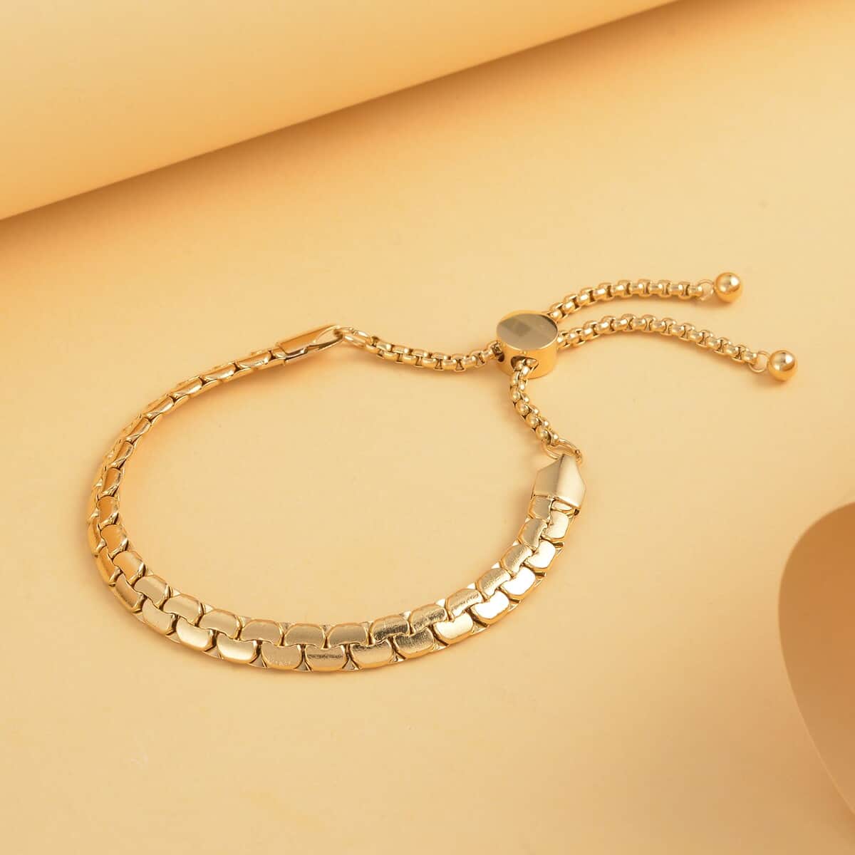 Flat Box Link Bracelet (6-9In) with Adjustable Ball in ION Plated YG Stainless Steel image number 1