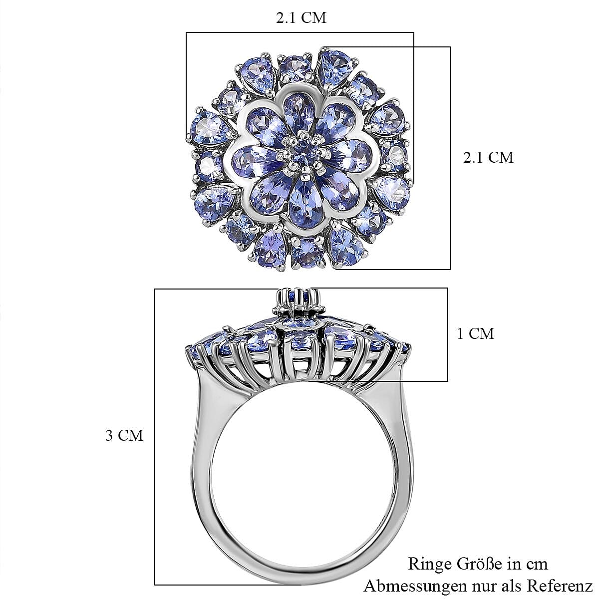 Tanzanite 3.78 ctw Ring in Platinum Over Sterling Silver (Size 10.0)