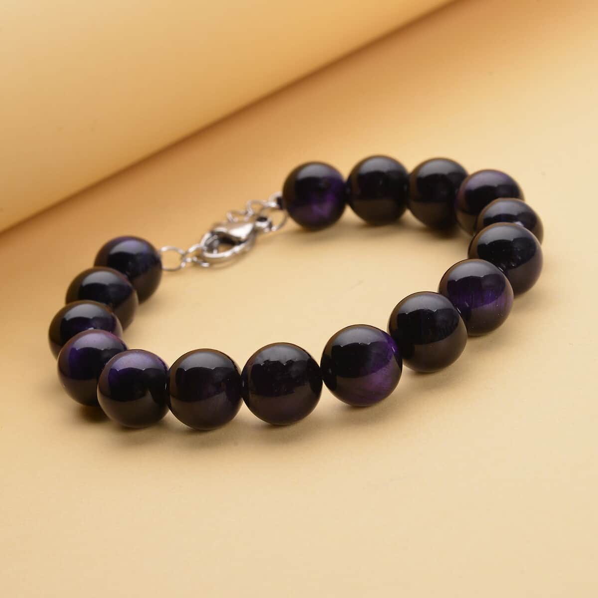 Purple Tiger's Eye (D) 120.00 ctw Beaded Bracelet in Stainless Steel (7-9In), Tarnish-Free, Waterproof, Sweat Proof Jewelry image number 1