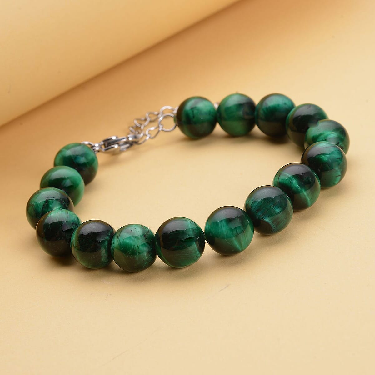 Green Tiger's Eye (D) Beaded Bracelet in Stainless Steel (7-9In) 120.00 ctw , Tarnish-Free, Waterproof, Sweat Proof Jewelry image number 1