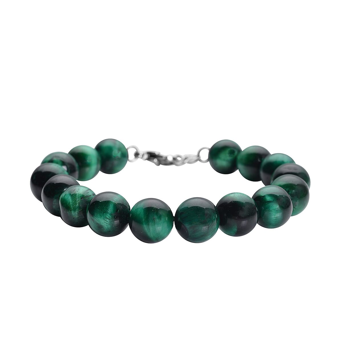 Green Tiger's Eye (D) Beaded Bracelet in Stainless Steel (7-9In) 120.00 ctw , Tarnish-Free, Waterproof, Sweat Proof Jewelry image number 2