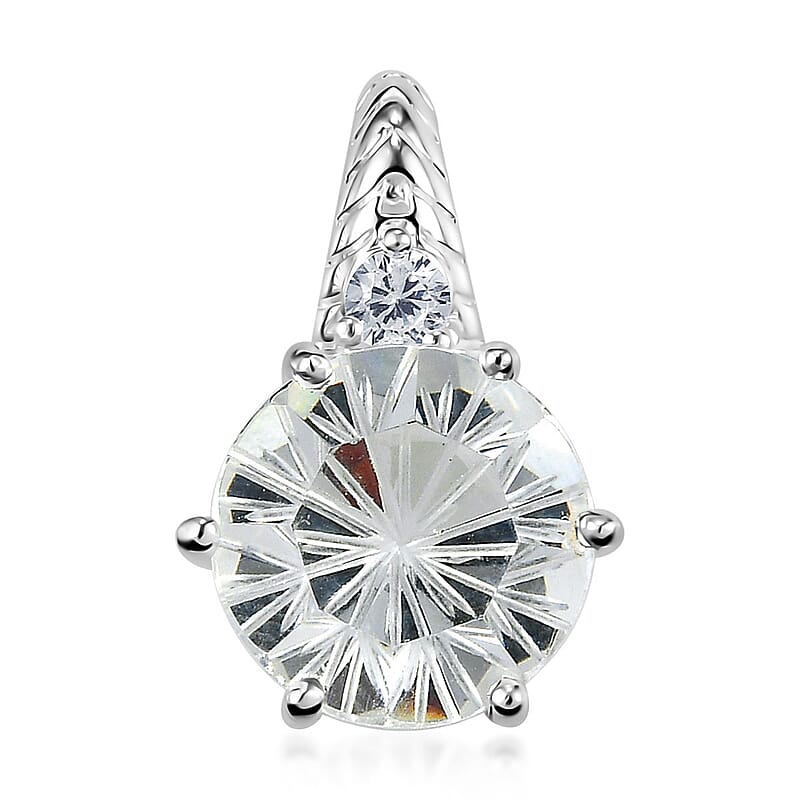 White Crystal Carving Cut and Simulated Diamond Pendant in Sterling Silver 5.55 ctw