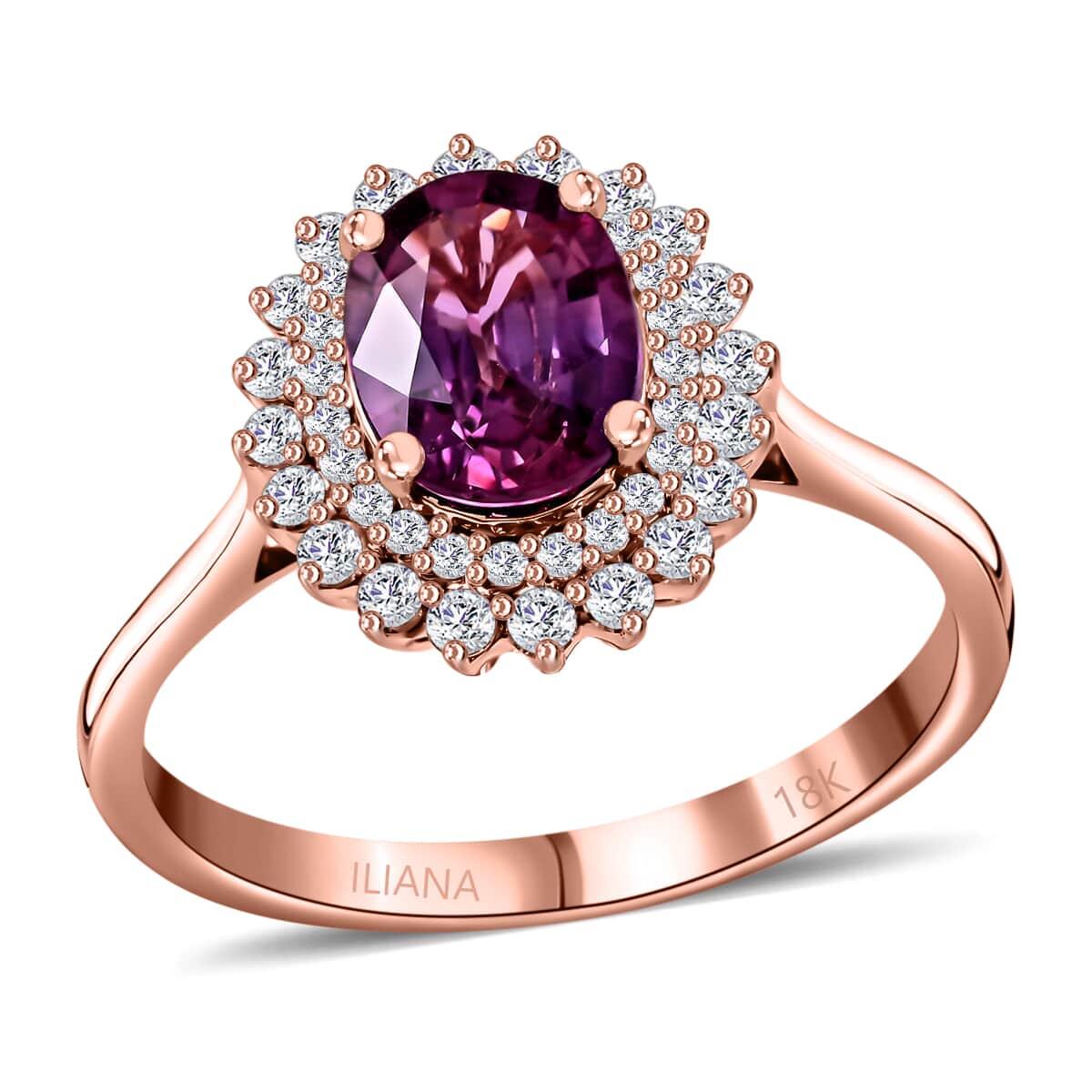 Certified & Appraised ILIANA 18K Rose Gold AAA Madagascar Purple Sapphire and G-H SI Diamond Double Halo Ring 3.50 Grams 1.85 ctw image number 0