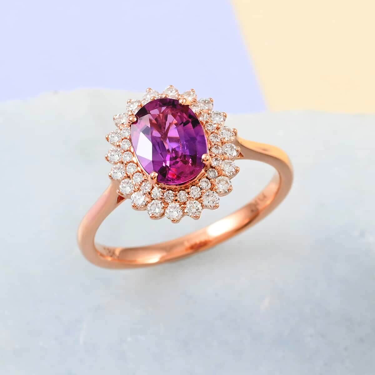Certified & Appraised ILIANA 18K Rose Gold AAA Madagascar Purple Sapphire and G-H SI Diamond Double Halo Ring 3.50 Grams 1.85 ctw image number 1