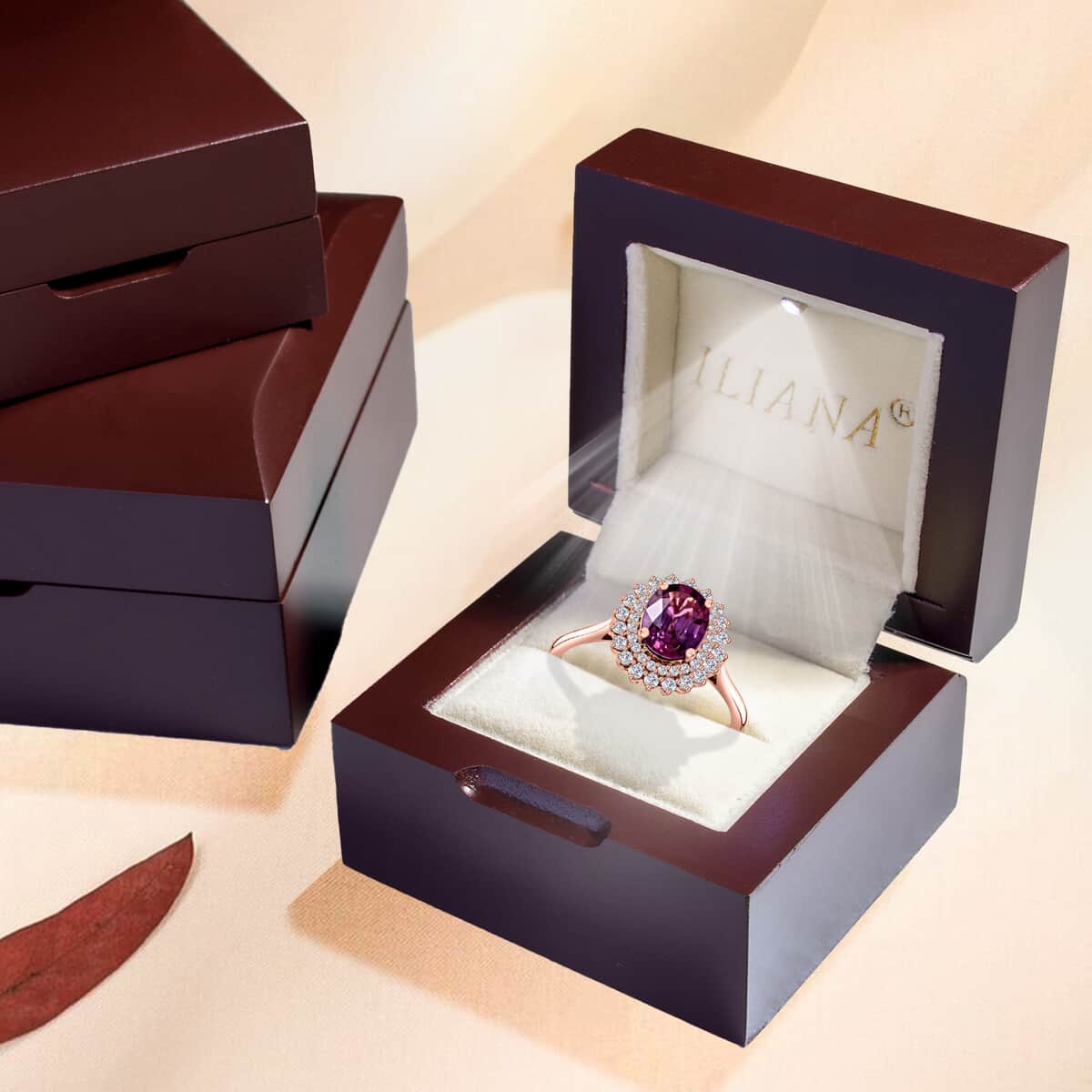 Certified & Appraised ILIANA 18K Rose Gold AAA Madagascar Purple Sapphire and G-H SI Diamond Double Halo Ring 3.50 Grams 1.85 ctw image number 6