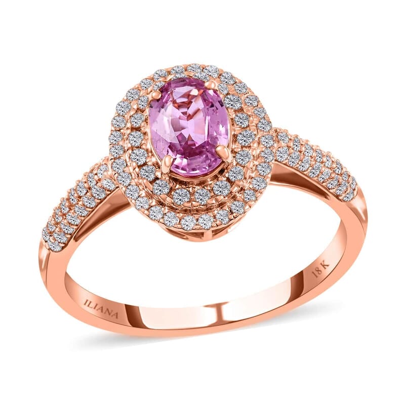 Certified & Appraised Iliana AAA Madagascar Pink Sapphire and G-H SI Diamond 1.40 ctw Double Halo Ring in 18K Rose Gold (Size 10.0)