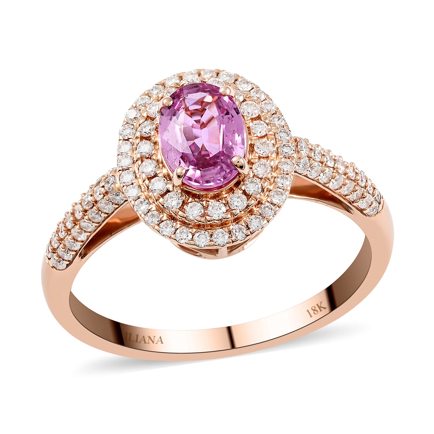 Certified & Appraised Iliana AAA Madagascar Pink Sapphire and G-H SI Diamond 1.40 ctw Double Halo Ring in 18K Rose Gold (Size 6.