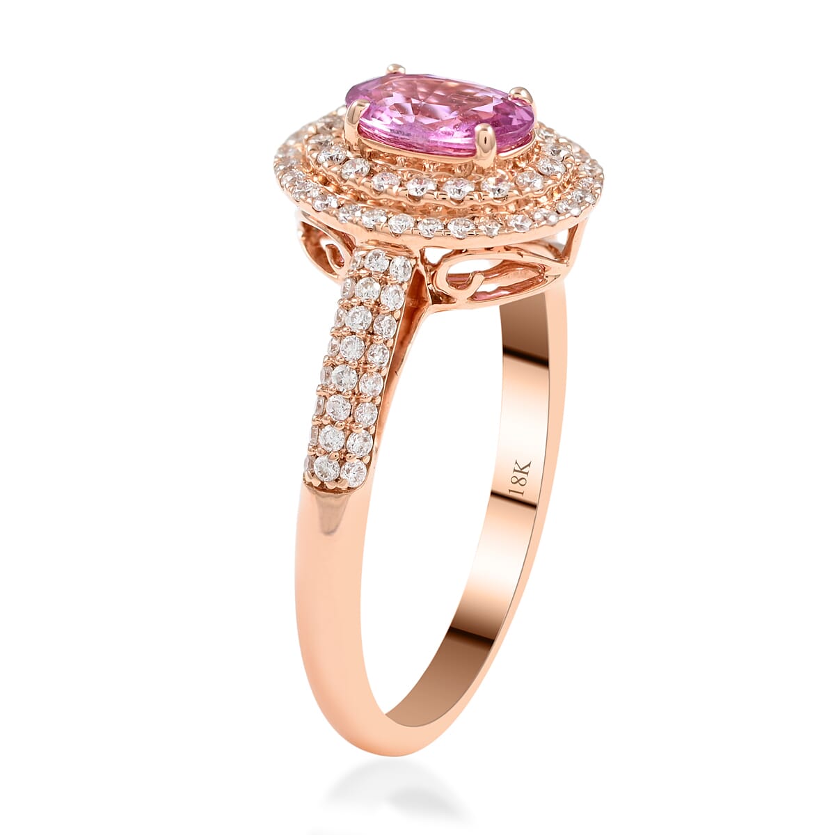 Certified & Appraised Iliana AAA Madagascar Pink Sapphire and G-H SI Diamond 1.40 ctw Double Halo Ring in 18K Rose Gold (Size 6.0) image number 3