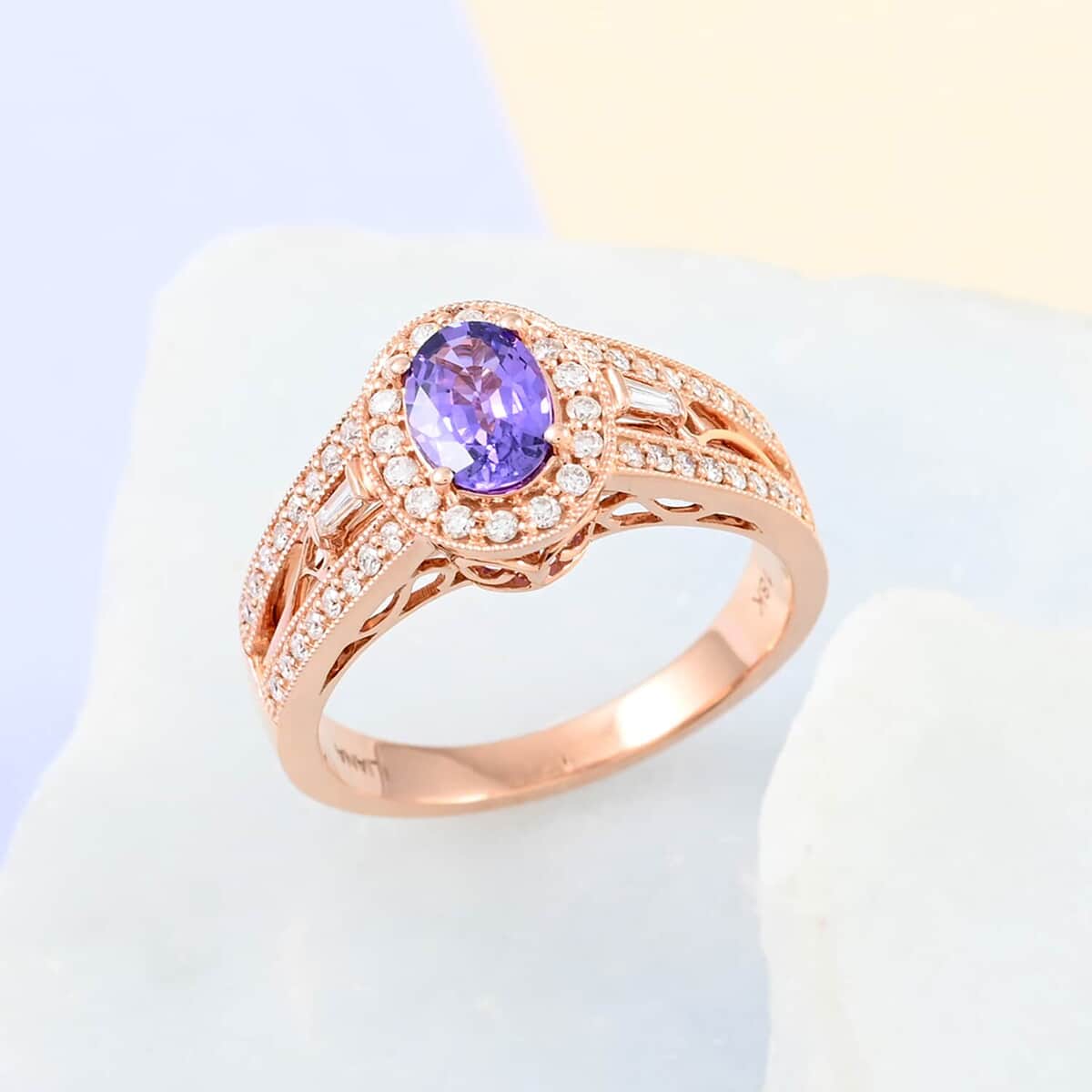 Certified & Appraised Iliana 18K Rose Gold AAA Madagascar Purple Sapphire and G-H SI Diamond Halo Ring (Size 10.0) 5.50 Grams 1.40 ctw image number 1