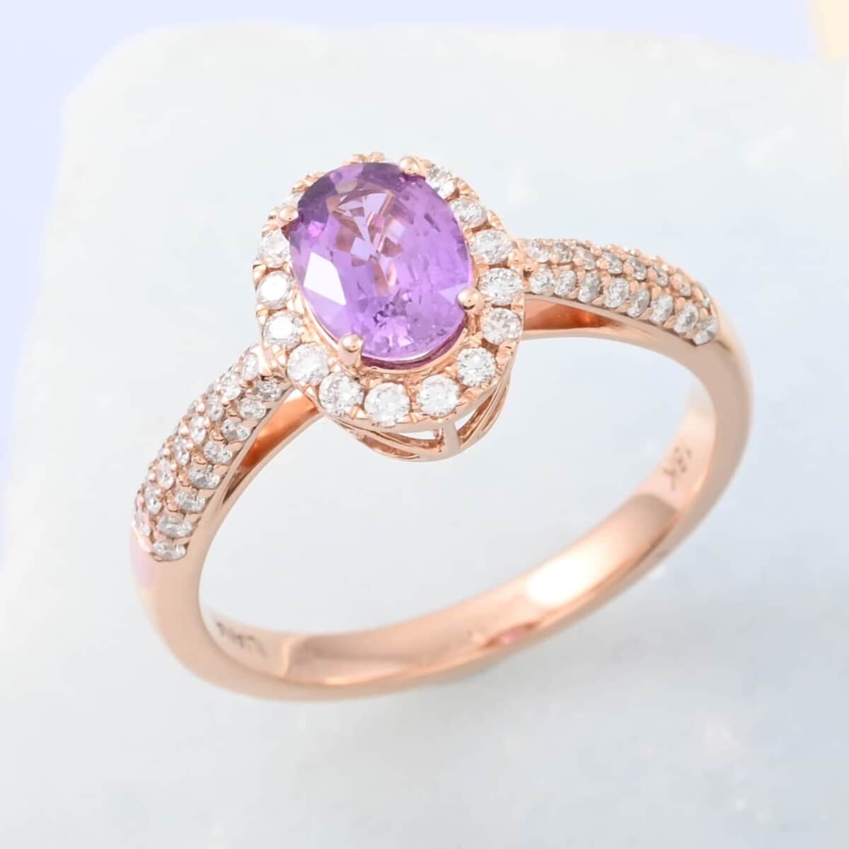 Certified & Appraised ILIANA 18K Rose Gold AAA Madagascar Purple Sapphire and G-H SI Diamond Halo Ring 3.80 Grams 1.35 ctw image number 1