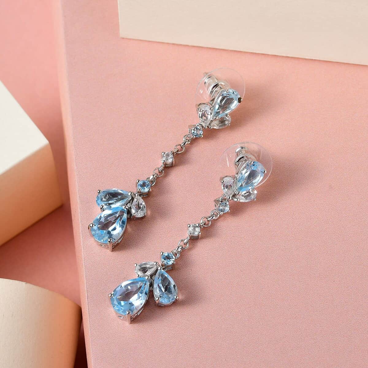 Sky Blue Topaz and White Topaz Dangling Earrings in Platinum Over Sterling Silver 11.00 ctw image number 1