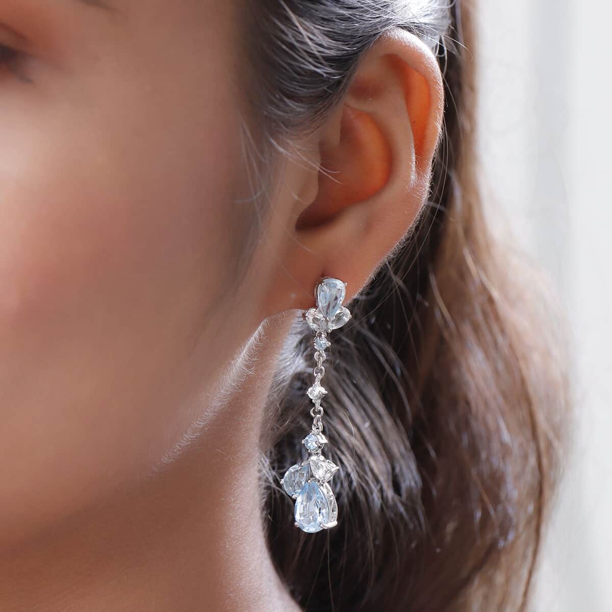 Sky Blue Topaz and White Topaz Dangling Earrings in Platinum Over Sterling Silver 11.00 ctw image number 2
