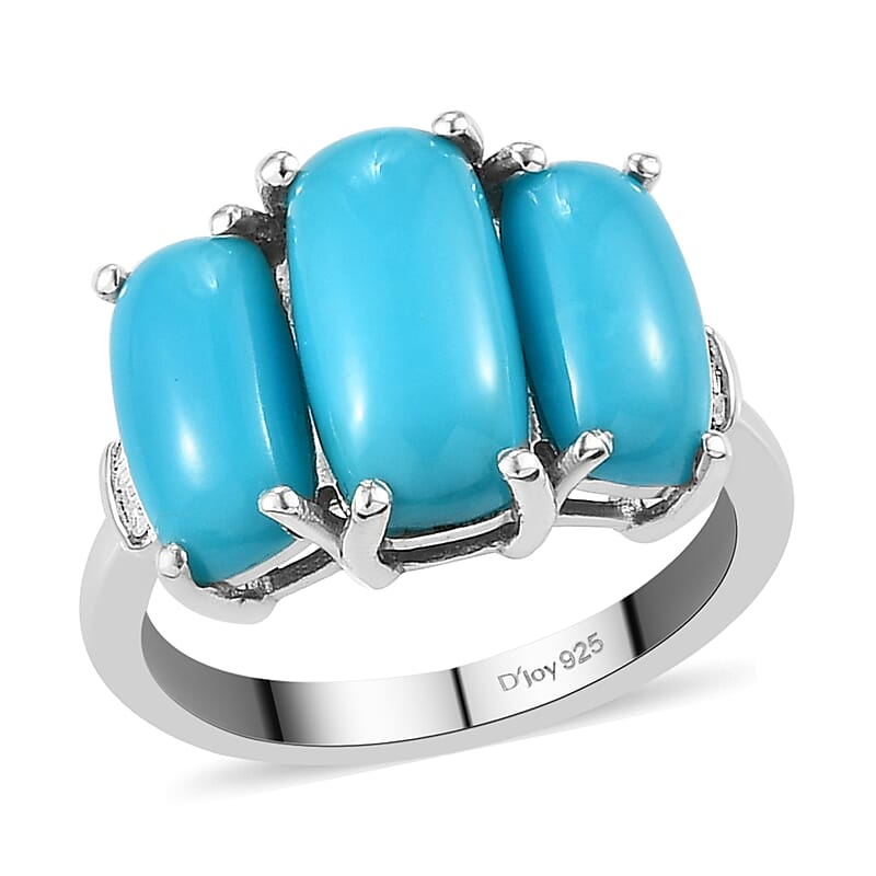 Sleeping Beauty Turquoise and Diamond 3 Stone Ring in Platinum Over Sterling Silver (Size 10.0) 4.25 ctw