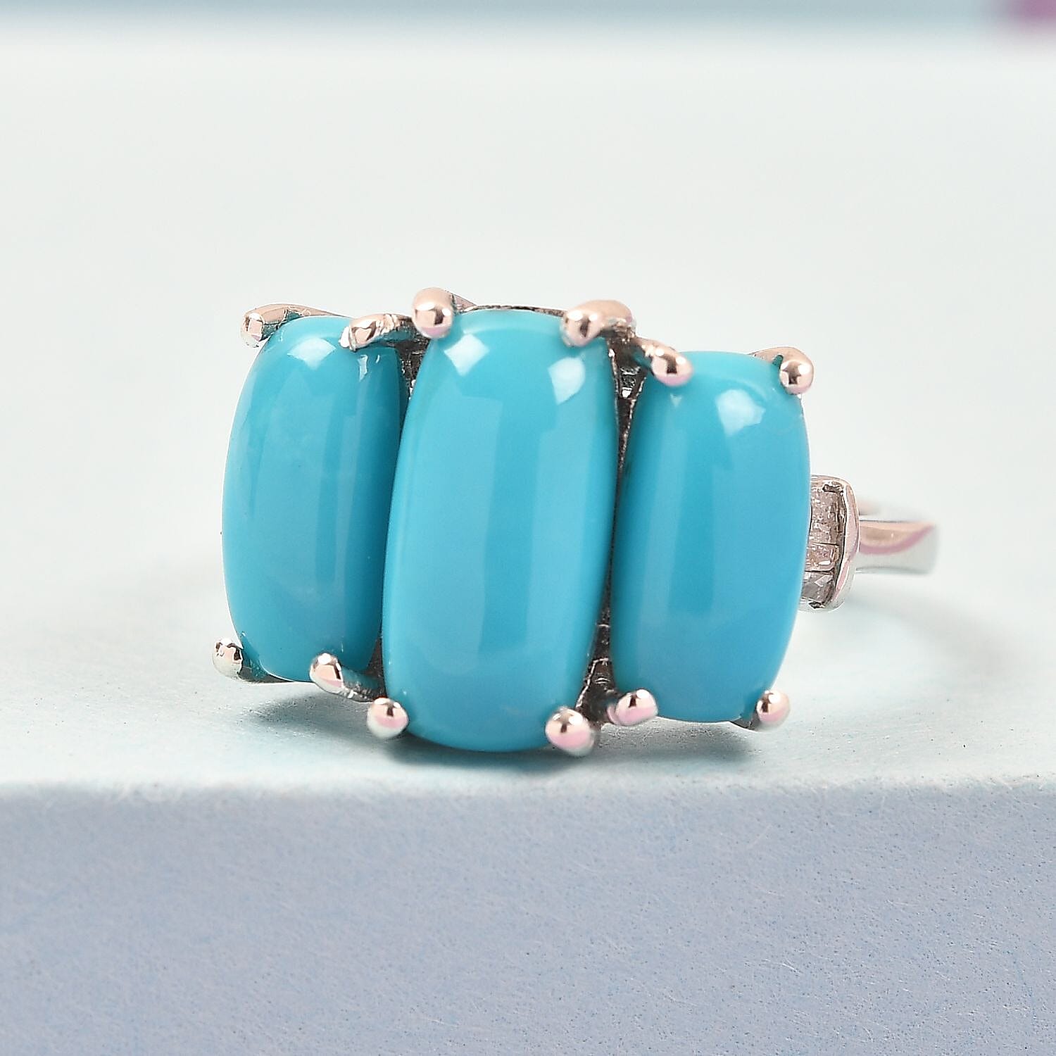 Sleeping Beauty Turquoise and Diamond 3 Stone Ring in Platinum Over Sterling Silver (Size 10.0) 4.25 ctw