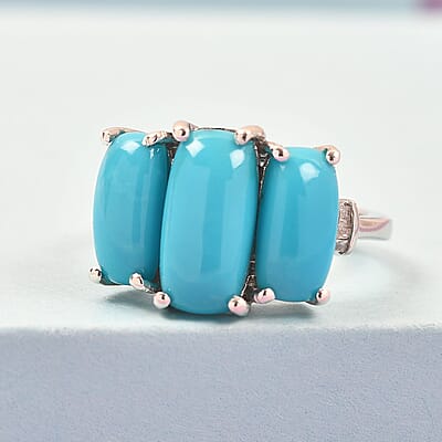 Sleeping Beauty Turquoise and Diamond 3 Stone Ring in Platinum Over Sterling Silver (Size 10.0) 4.25 ctw