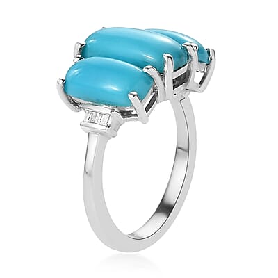 Sleeping Beauty Turquoise and Diamond 3 Stone Ring in Platinum Over Sterling Silver (Size 10.0) 4.25 ctw