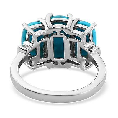 Sleeping Beauty Turquoise and Diamond 3 Stone Ring in Platinum Over Sterling Silver (Size 10.0) 4.25 ctw