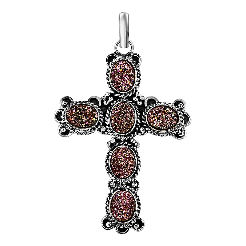 Rainbow Drusy Quartz Cross Pendant Sterling Silver, Artisan Crafted Quartz Religious Pendant, Unique Birthday Gifts For Women 6.90 ctw