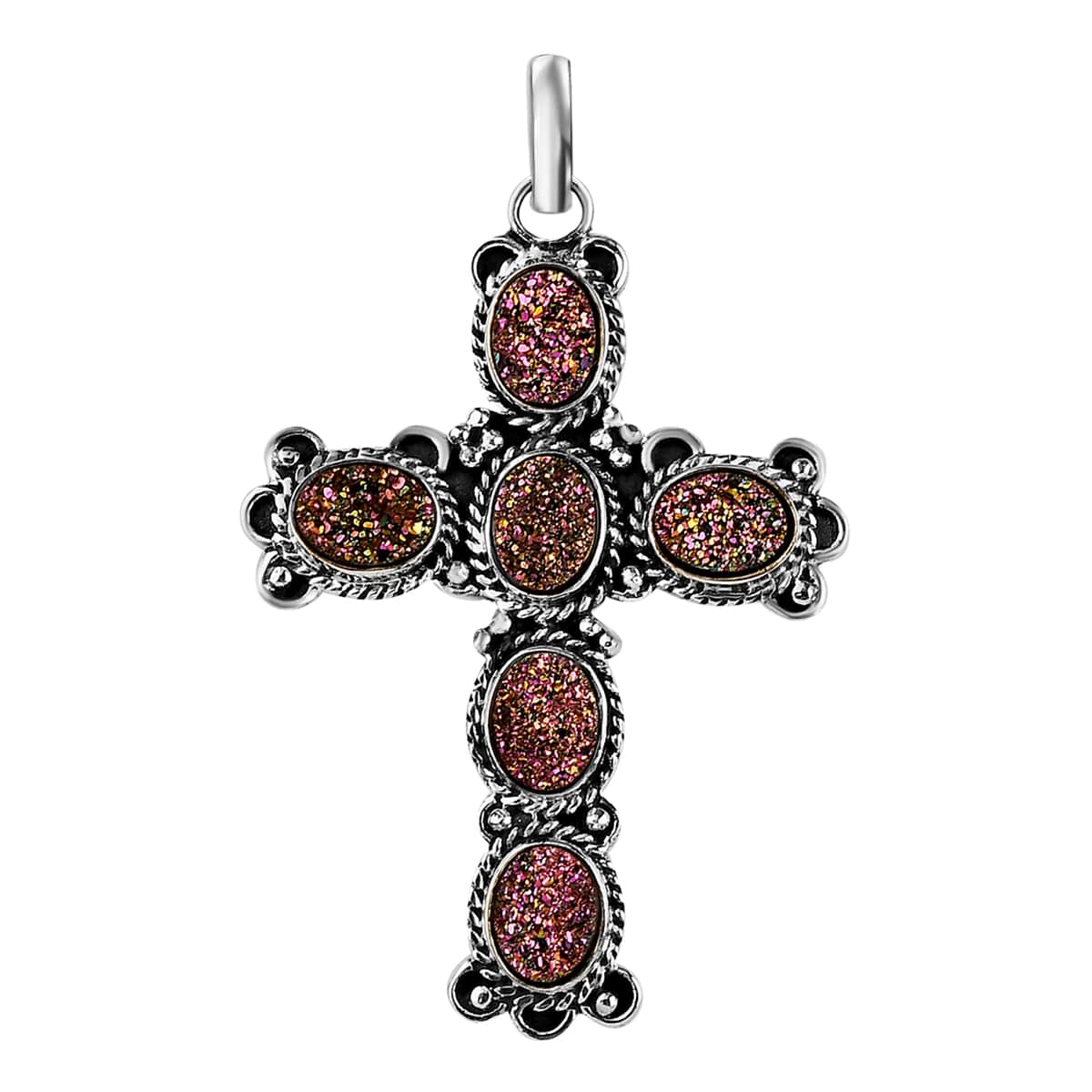 Artisan Crafted Rainbow Drusy Quartz Cross Pendant in Sterling Silver 7.80 Grams 6.90 ctw image number 0